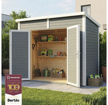 Gartenschuppen mit geöffneten Türen, Regalen und Gartengeräten