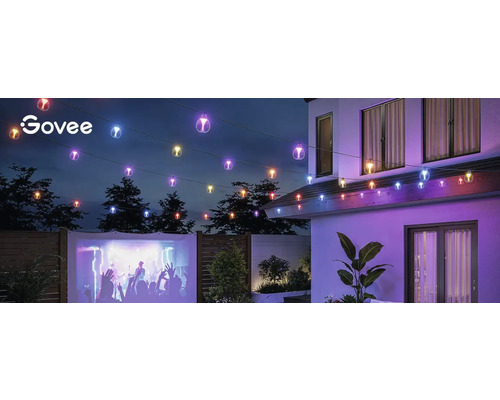 Govee Logo. Lichterkette im Garten mit Projektion auf einer Leinwand.