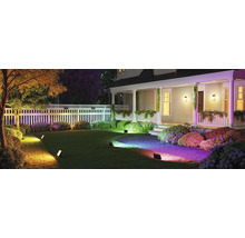 Beleuchteter Garten mit Haus im Hintergrund und LED-Gartenleuchten