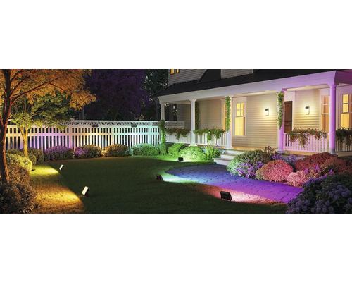 Beleuchteter Garten mit Haus im Hintergrund und LED-Gartenleuchten