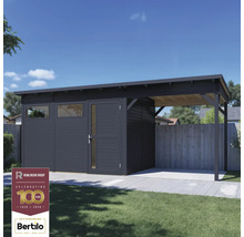 Modernes Gartenhaus mit Carport und Rowlinson Group Logo.