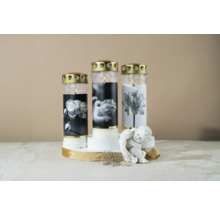 Drei Grablichter mit verschiedenen Motiven und einer Engelsfigur