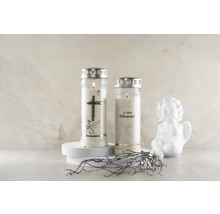 Zwei Grablichter mit Motiv und silberfarbenem Deckel