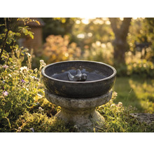 Vogeltränke aus Keramik mit Vogelmotiven im Garten