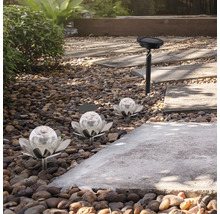 Gartenszene mit dekorativen Solarleuchten in Blumenform und einem Solarstrahler entlang eines Steinpfads