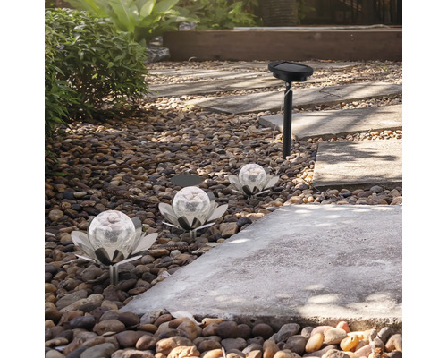 Gartenszene mit dekorativen Solarleuchten in Blumenform und einem Solarstrahler entlang eines Steinpfads