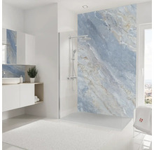 Modernes Badezimmer mit Marmorwandverkleidung, Dusche und Waschtisch