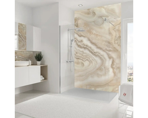 Modernes Badezimmer mit Dusche, Waschtisch und Spiegel