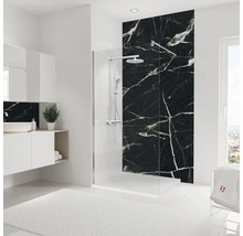 Modernes Badezimmer mit Dusche, Waschtisch und schwarzer Marmorwand