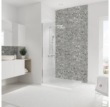 Modernes Badezimmer mit Dusche, Waschbecken und grau gemusterter Rückwand