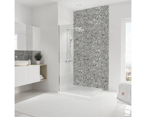 Modernes Badezimmer mit Dusche, Waschbecken und grau gemusterter Rückwand