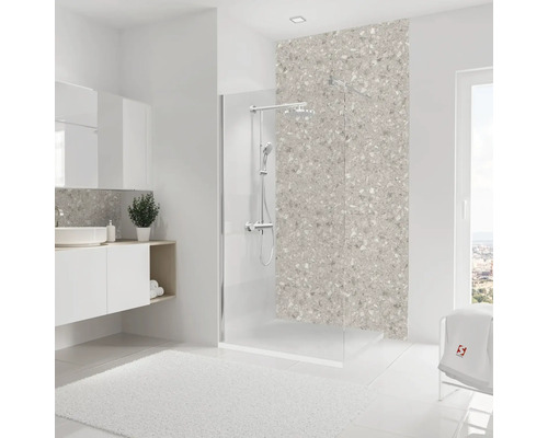 Modernes Badezimmer mit Dusche, Waschbecken und Mosaikwand