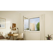 Helles Zimmer mit Kippfenster, Schreibtisch und Dekoration