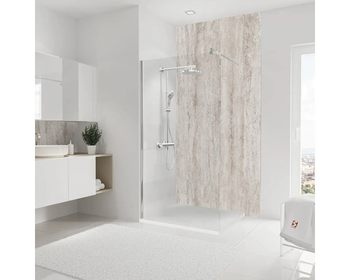 Helles Badezimmer mit Duschkabine, Waschbecken und Badteppich