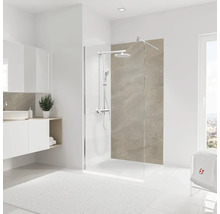 Badezimmer mit Duschabtrennung aus Glas, Waschbeckenunterschrank und Handtuch