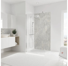 Modernes Badezimmer mit Duschabtrennung, Waschbecken und Spiegel