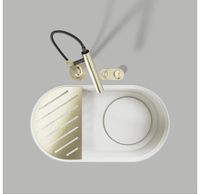 Aufnahme von oben eines Spülbeckens mit Armatur und Abtropfschale