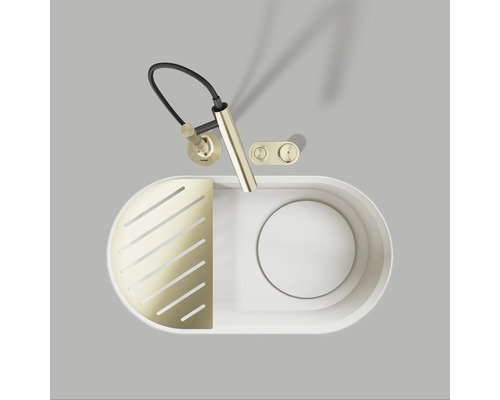 Aufnahme von oben eines Spülbeckens mit Armatur und Abtropfschale