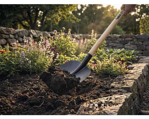 Eine Schaufel hebt Erde in einem Gartenbeet an.