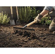 Gärtner harkt Erde mit einer Harke, im Hintergrund sind Spaten und Grabgabel zu sehen.