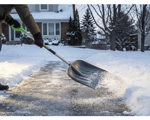 Person schaufelt Schnee mit einer Schneeschaufel von einem Gehweg