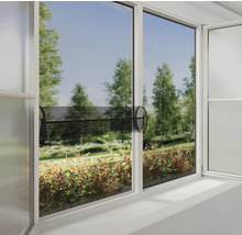 Fenster mit Insektenschutzgitter und Blick ins Grüne