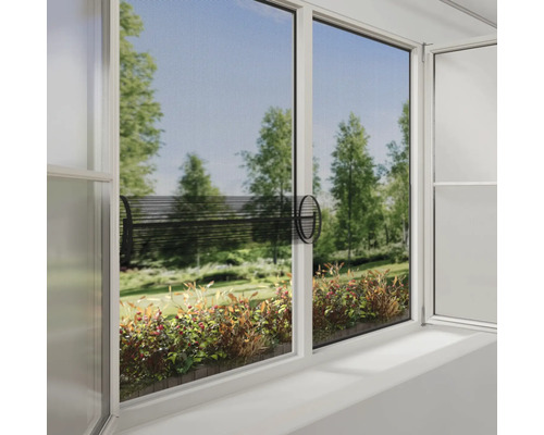 Fenster mit Insektenschutzgitter und Blick ins Grüne