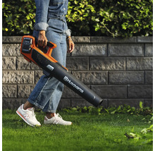 Eine Person trägt einen Akku-Laubbläser der Marke Husqvarna in einem Garten.