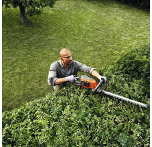 Eine Person schneidet eine Hecke mit einer Heckenschere in einem Garten.