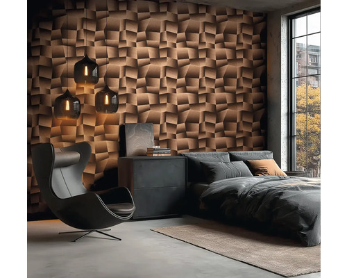 Modernes Schlafzimmer mit strukturierten Wandpaneelen, Sessel und Pendelleuchten