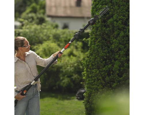 Frau schneidet Hecke mit einer Akku-Heckenschere mit Teleskopstiel im Garten.