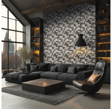 Wohnzimmer mit Ecksofa, Sessel, Couchtisch, Bücherregalen und 3D-Wandpaneelen