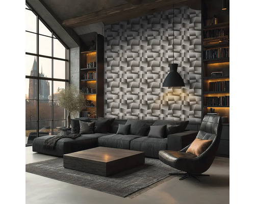 Wohnzimmer mit Ecksofa, Sessel, Couchtisch, Bücherregalen und 3D-Wandpaneelen