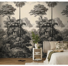 Schlafzimmer mit Fototapete mit Dschungelmotiv, Bett und Nachttisch