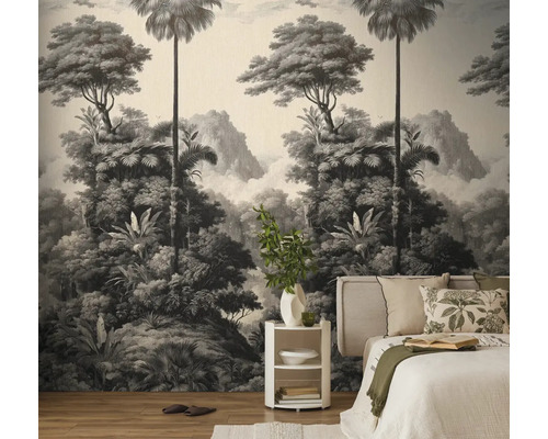 Schlafzimmer mit Fototapete mit Dschungelmotiv, Bett und Nachttisch