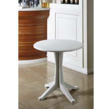 Runder weißer Bistrotisch aus Kunststoff mit einem zentralen Standfuß und vier Auslegern.