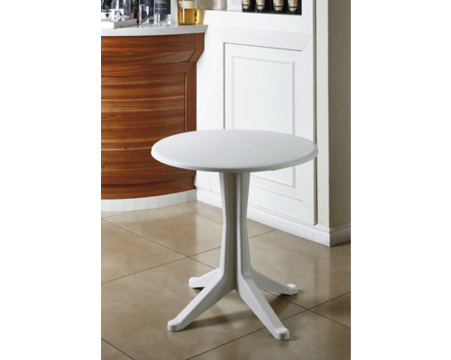 Runder weißer Bistrotisch aus Kunststoff mit einem zentralen Standfuß und vier Auslegern.