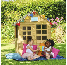 Spielhaus aus Holz mit zwei spielenden Kindern im Garten.