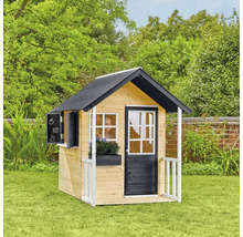 Spielhaus aus Holz mit Kreidetafel, Fenster und Tür im Garten