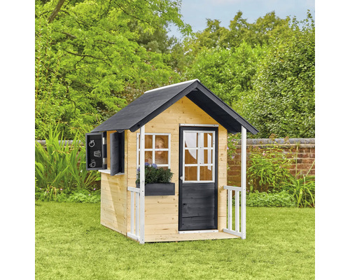 Spielhaus Holli 121 x 137 cm Holz mit Fenster, Tür, Veranda Spielhaus aus Holz mit Kreidetafel, Fenster und Tür im Garten