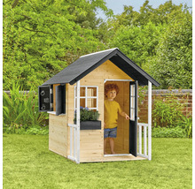 Spielhaus aus Holz mit Fenster, Tür und Kreidetafel im Garten