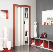 Raumansicht mit einer weißen Falttür mit braunem Rahmen