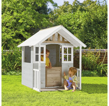 Kinderspielhaus aus Holz mit zwei Kindern im Garten.