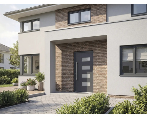 Modernes Haus mit Haustür, Fenstern und Ziegelmauerwerk