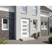 Fassade eines Hauses mit Haustür und Fenstern