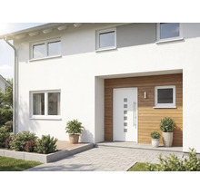 Hausfassade mit Haustür, Fenstern und Bepflanzung