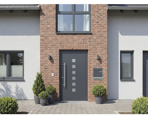 Fassade eines Hauses mit Haustür, Fenstern und Bepflanzung