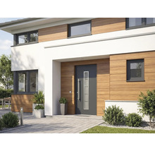 Modernes Haus mit Haustür, Fenster und Holzfassade