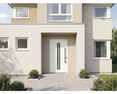 Modernes Haus mit Eingangstür und gepflastertem Weg