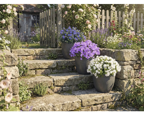 Gartenanlage mit Steintreppe und blühenden Topfpflanzen